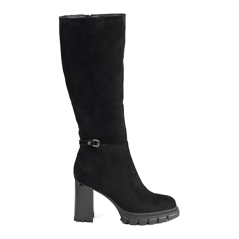 Cizme clasice de piele intoarsa neagra cu toc inalt negru