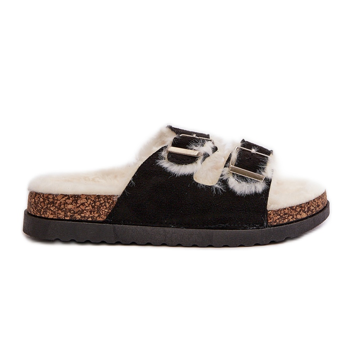 Papuci de damă Flip-flops cu catarame și blană, Ezilena neagră negru