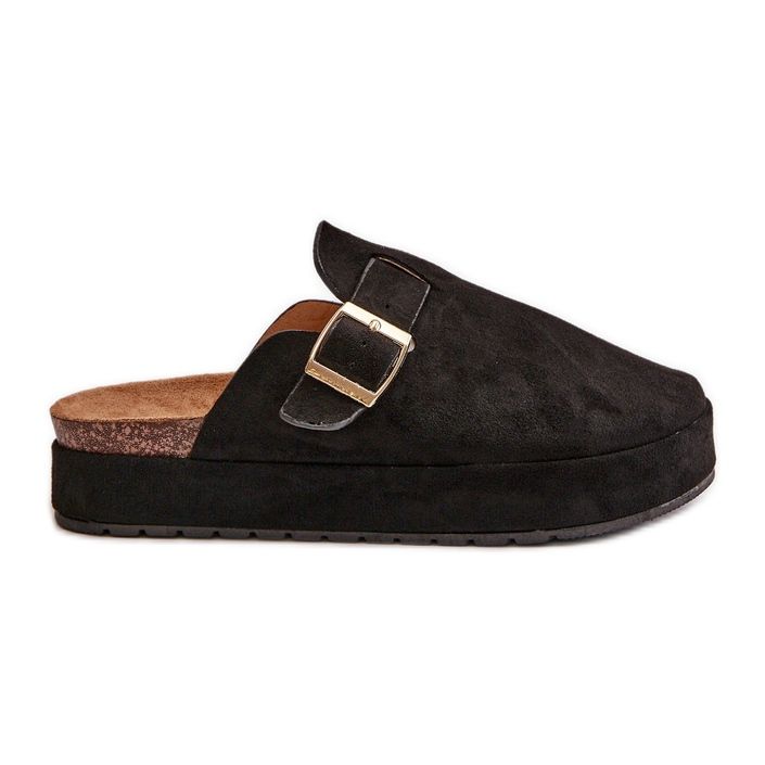 Saboți cu platformă de damă cu cataramă aurie, Terilaina Neagră negru