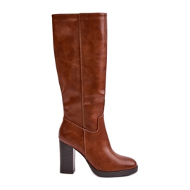 Cizme cu toc înalt peste genunchi Camel Riamaya din piele ecologică maro