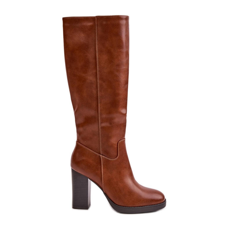 Cizme cu toc înalt peste genunchi Camel Riamaya din piele ecologică maro
