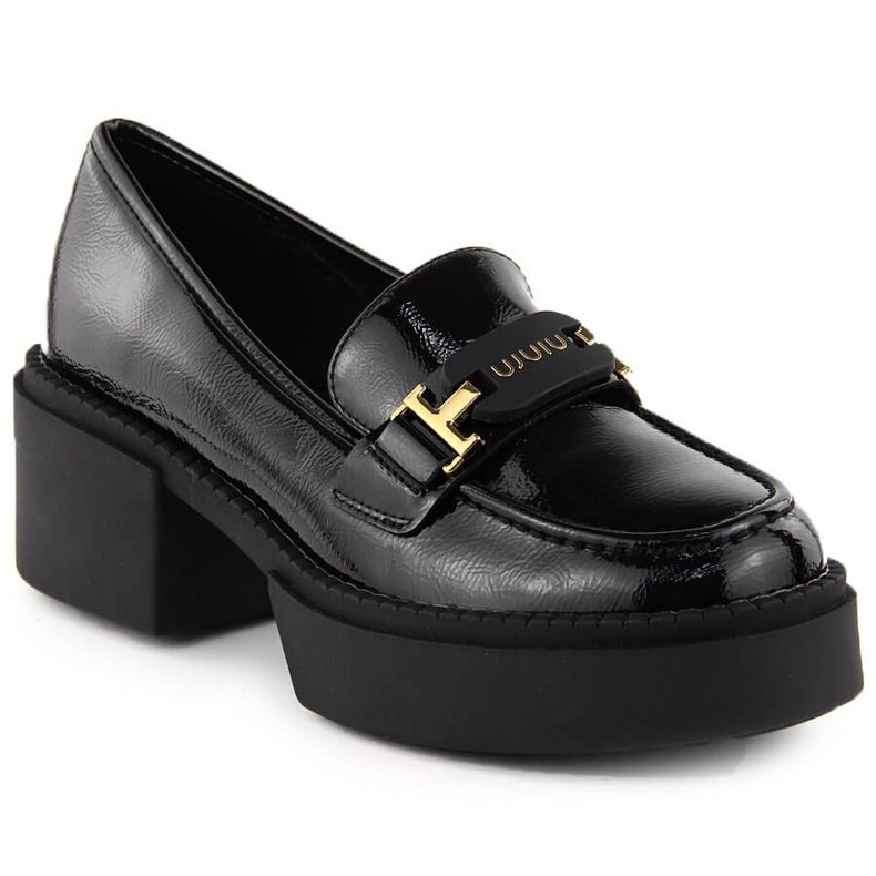 Mocasini de dama din piele lacuita cu toc inalt, negru, Vinceza 58313