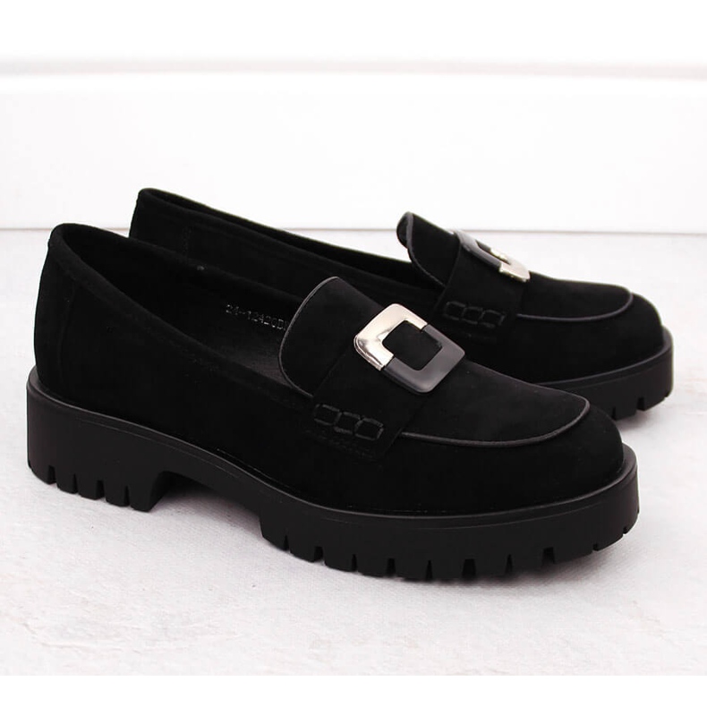 Mocasini de dama cu decor, piele intoarsa neagra Potocki 12420 negru