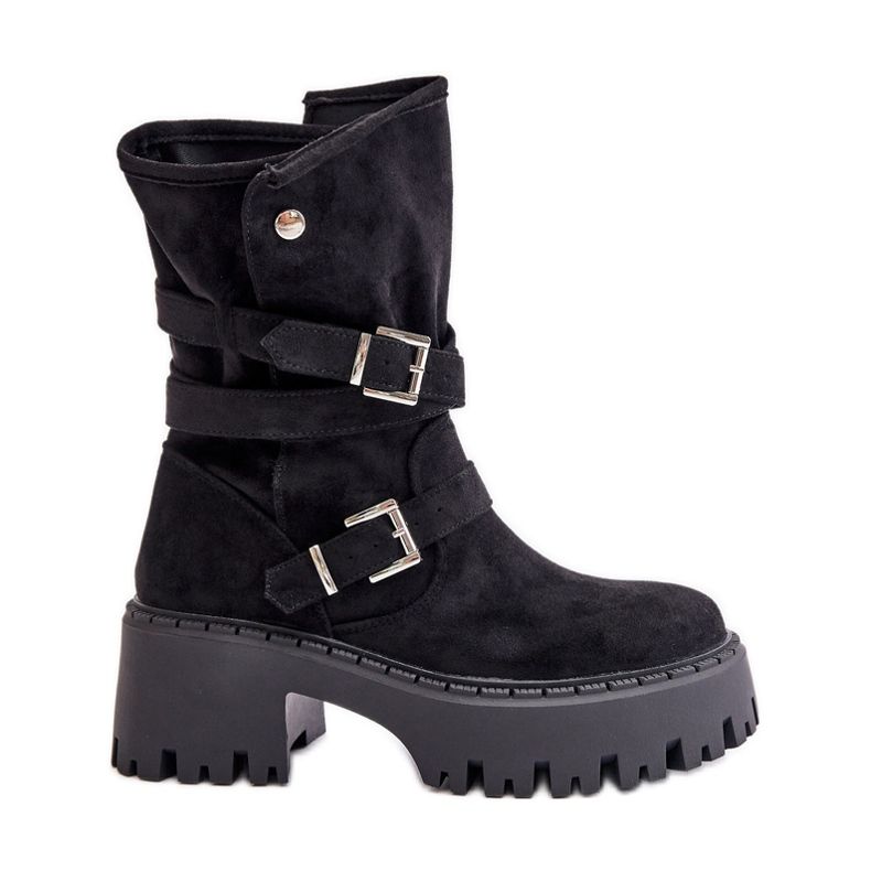 Botine negre de damă cu toc masiv, cu catarame și curea Nerelisa negru