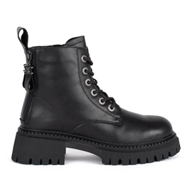 Botine de dama din piele neagra cu siret negru