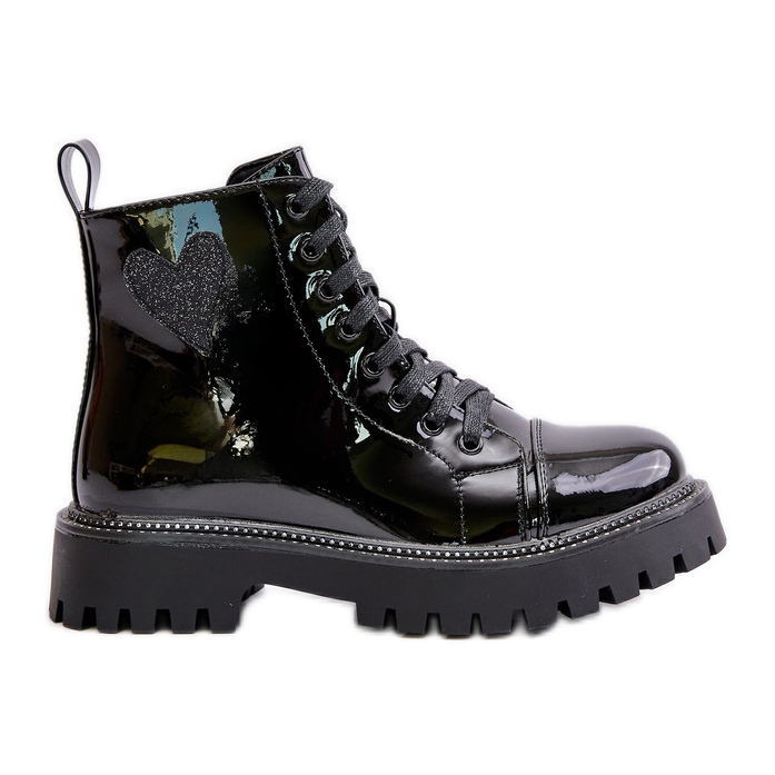 Botine de dama din piele lacuita cu fermoar si inima decorativa, Obeena neagra negru