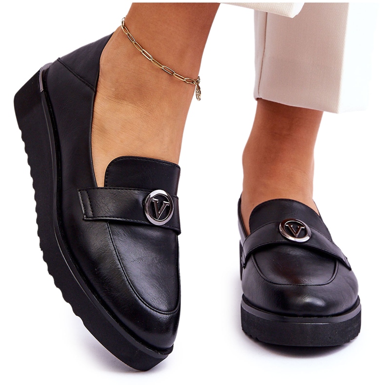 Mocasini Vinceza de damă din piele cu pană joasă, negru