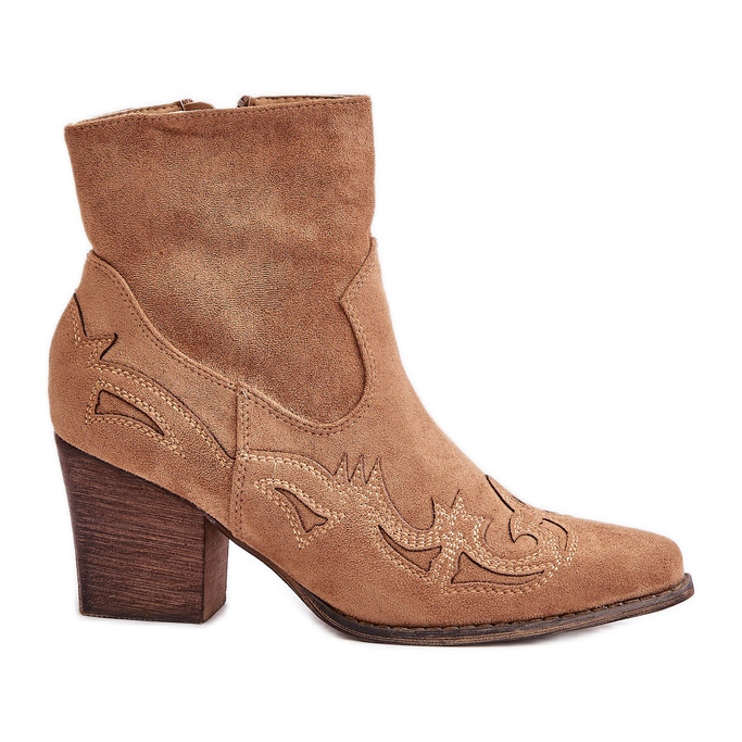 Cizme de cowboy pe toc inalt, Eco Suede, Maro Arabeline