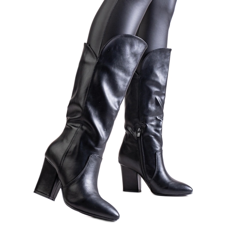 Cizme negre cu toc din piele ecologica Amare negru