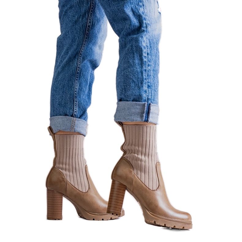 Botine bej închis din piele ecologică Asera