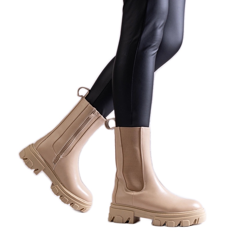 Botine înalte bej din piele ecologică Manera