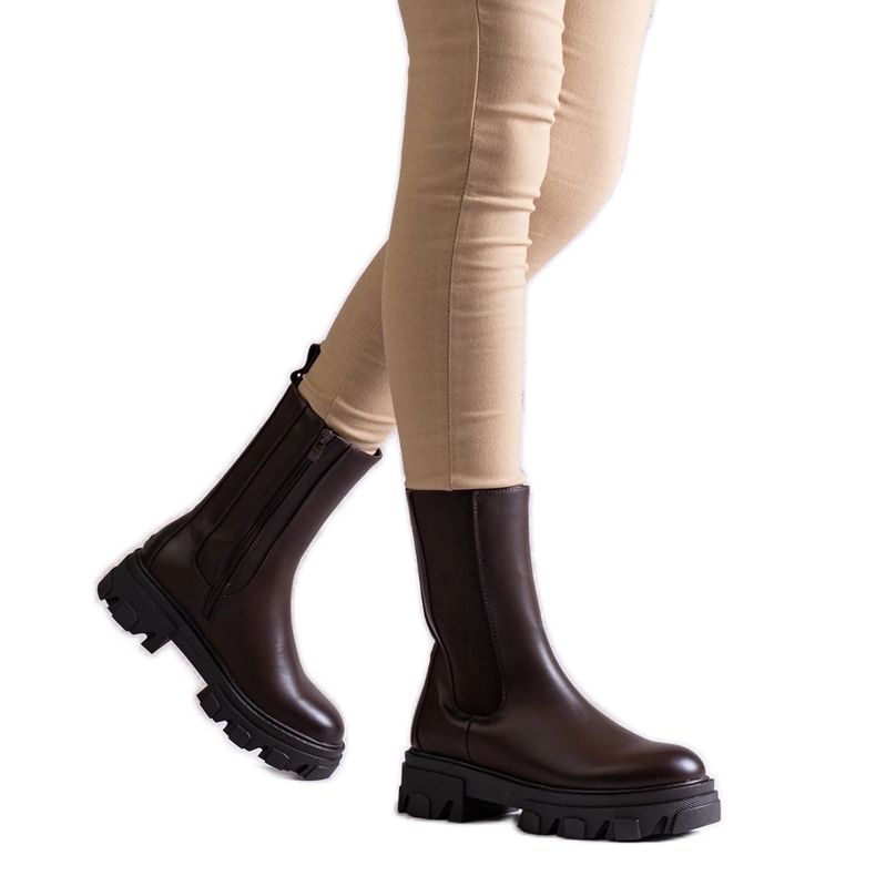 Botine înalte maro din piele ecologică Manera