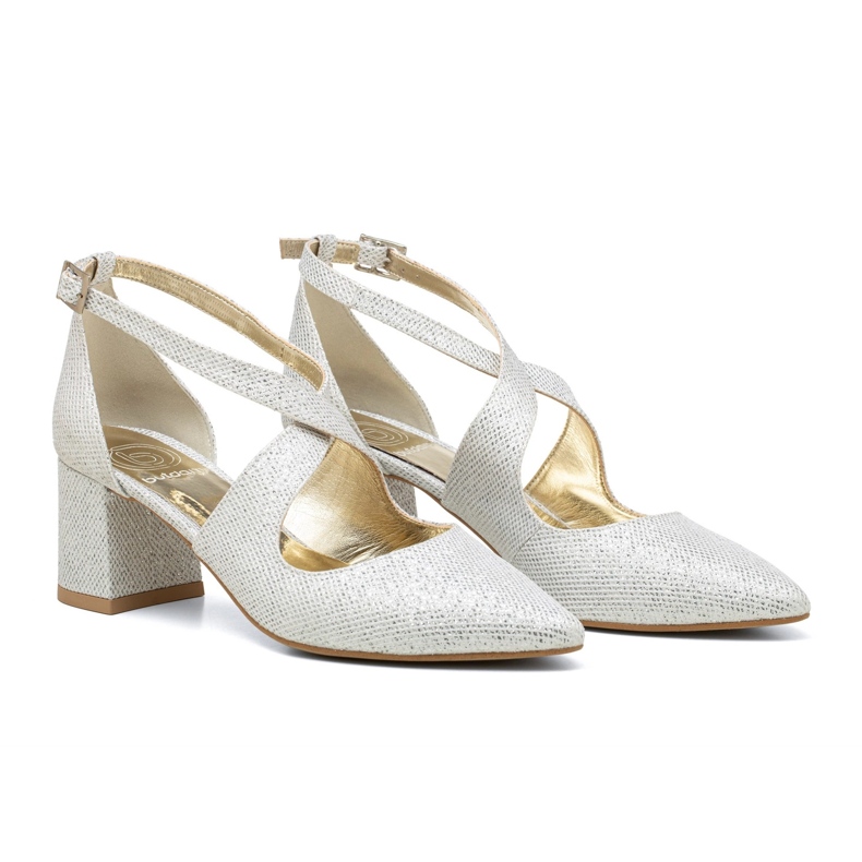 BUTDAM Pantofi de mireasa cu toc mic cu bretele Alba cu sclipici argintii