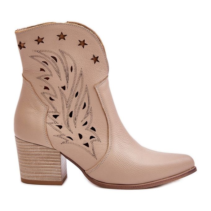 Cizme de cowboy din piele ajurata cu toc inalt Lewski 3613 bej