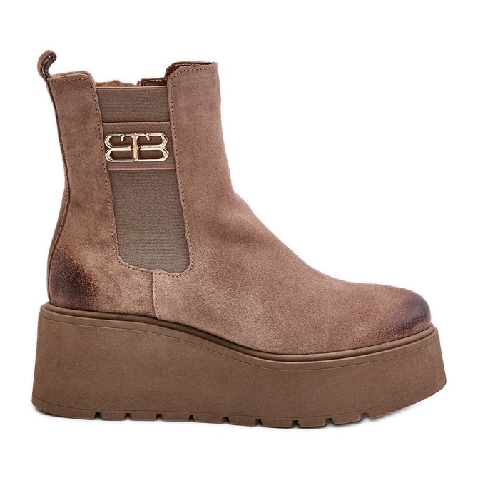 Zazoo 60498 Botine de piele intoarsa pentru femei Cizme chelsea pe platforma si pane, bej