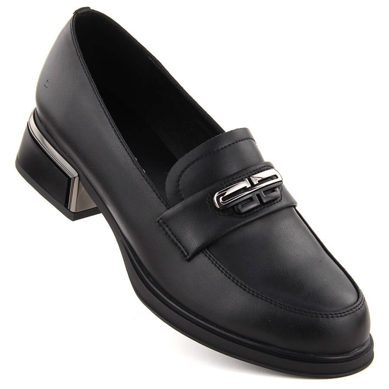 Pantofi de dama din piele cu toc decorativ, negru Vinceza 77102