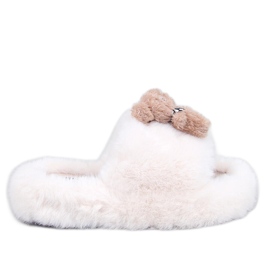 Papuci de blană Bando Beige cu ursuleț de pluș bej
