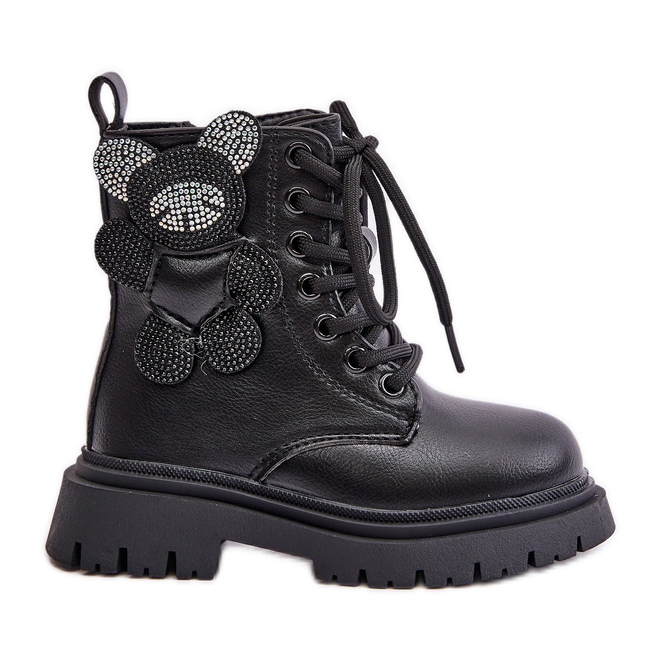 Botine izolate pentru fete cu ursuleț și fermoar, Black Relobia negru