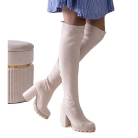 Cizme slip-on lungi, bej, cu toc înalt Lija