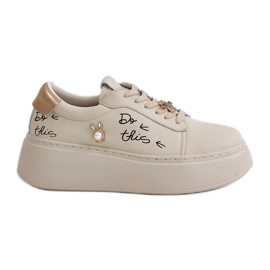 Pantofi de damă din piele pe platformă cu ace și inscripția Vinceza 89102 bej