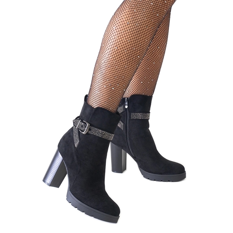 Botine negre cu toc inalt decorate cu strasuri din piele intoarsa ecologica Shaliba negru