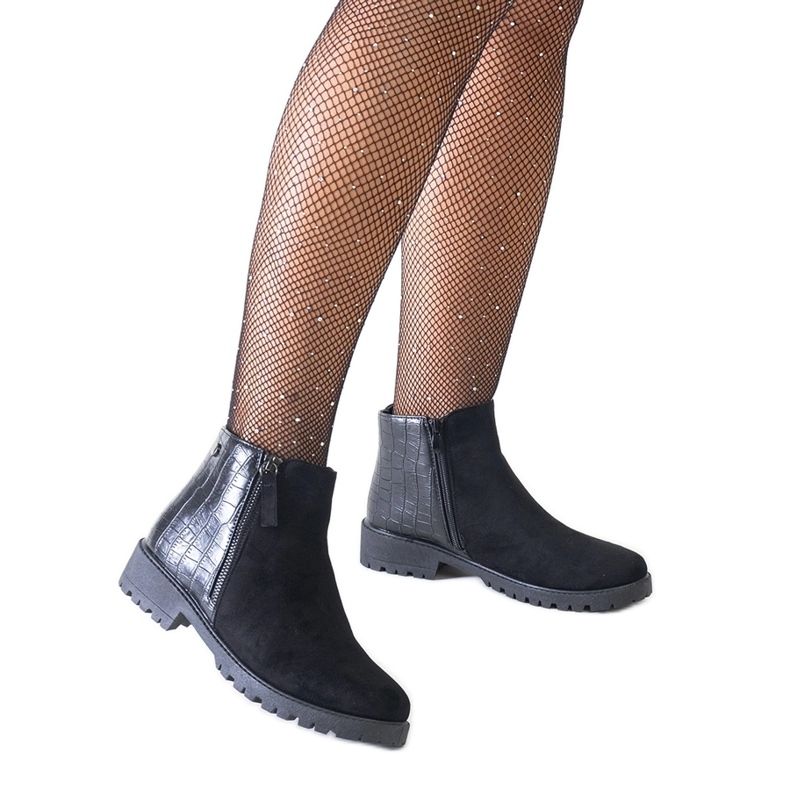 Botine negre cu motiv de piele de crocodil, Mifsada din piele intoarsa ecologica negru