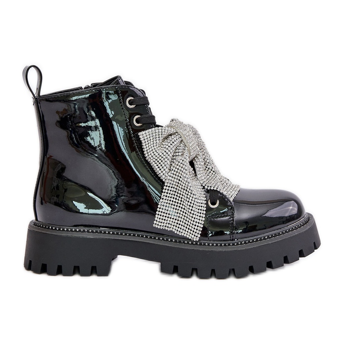 Botine de dama din piele lacuita cu fundita, Black Ocenttia negru