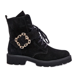 Botine Zazoo 2951 din piele intoarsa cu catarama decorativa, neagra negru