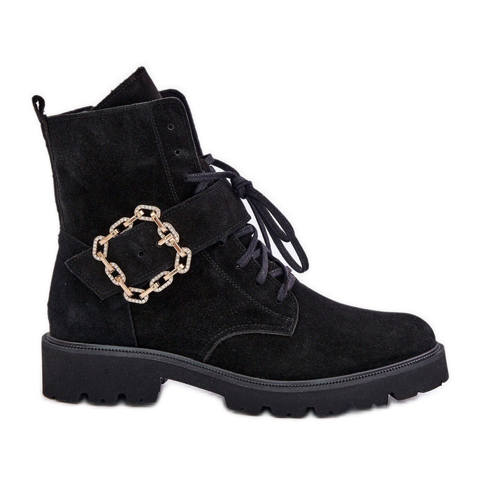 Botine Zazoo 2951 din piele intoarsa cu catarama decorativa, neagra negru Botine Zazoo 2951 din piele intoarsa cu catarama decorativa, neagra negru