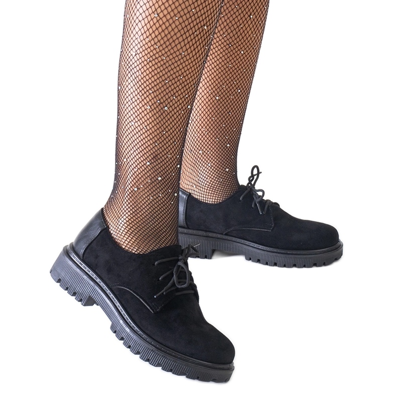 Pantofi negri casual cu șireturi din piele de căprioară ecologică Kalila negru