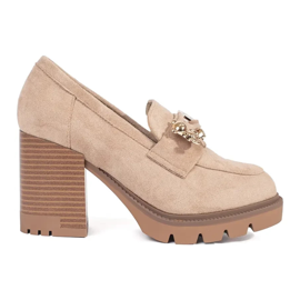 Seastar Pantofi de dama de piele intoarsa bej cu toc inalt si decor metalic Seastar Pantofi de dama de piele intoarsa bej cu toc inalt si decor metalic