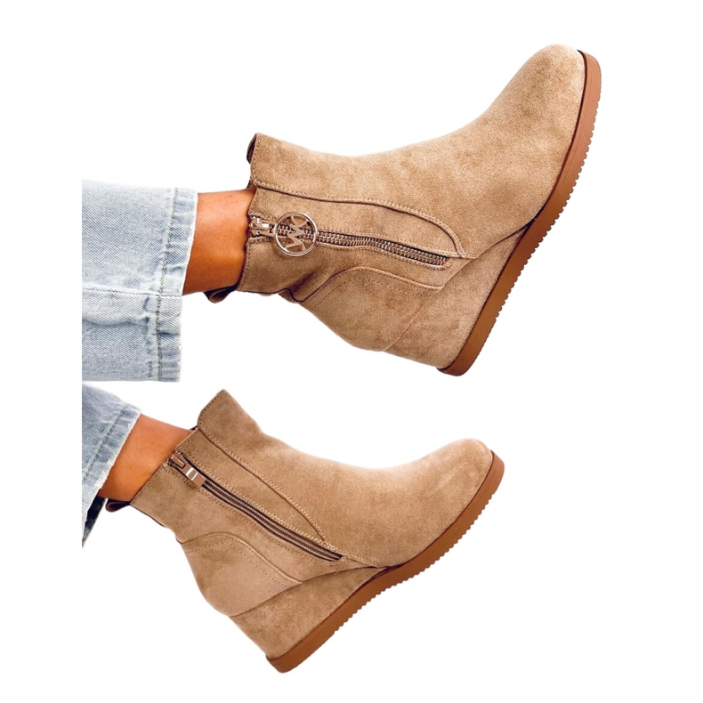 Botine kaki cu pană cu fermoar auriu bej