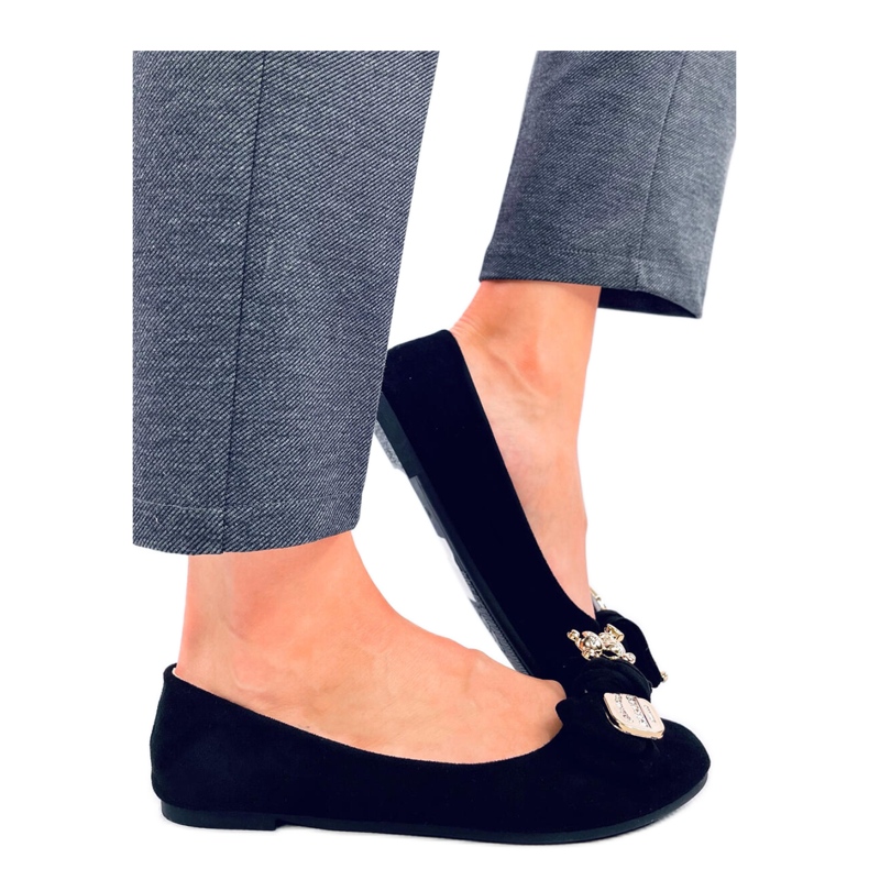 Balerini de piele intoarsa neagra cu ursuleti de plus negru