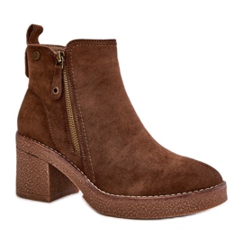 Botine de damă maro cu toc înalt