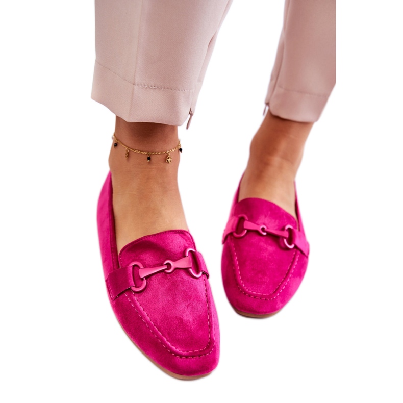 Mocasini de dama din piele intoarsa cu decor Fuchsia roz
