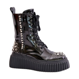 S.Barski Cizme cu platforma din piele lacuita cu decor Negru S.Barski Cizme cu platforma din piele lacuita cu decor Negru