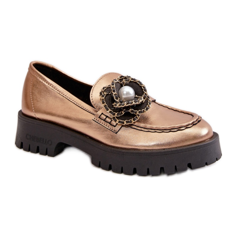 Mocasini de dama cu o floare decorativa Aur de aur Mocasini de dama cu o floare decorativa Aur de aur