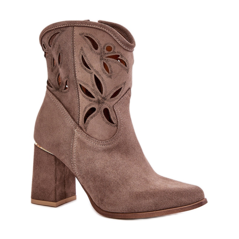 Lewski Botine de damă cu toc înalt bej închis, cu partea superioară ajurata