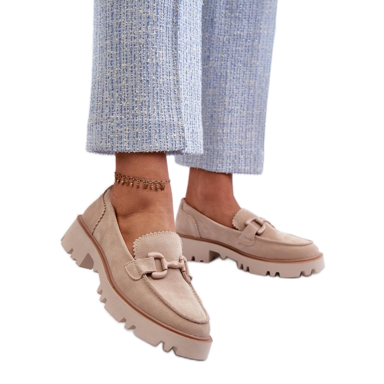 Mocasini de dama din piele intoarsa cu decor bej Mocasini de dama din piele intoarsa cu decor bej