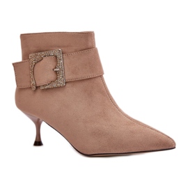 Botine de damă cu toc înalt, cu cataramă decorativă Bej