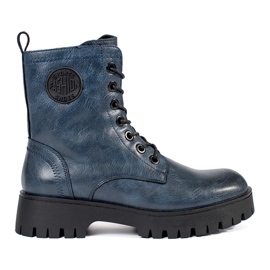 Botine de damă bleumarin din piele cu șireturi pe platforma Sergio Leone albastru