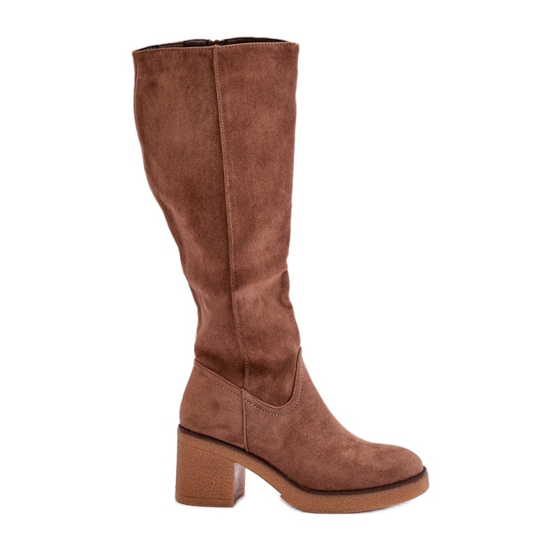 Jezzi Cizme cu toc inalt din piele intoarsa ecologica, maro Leamirael