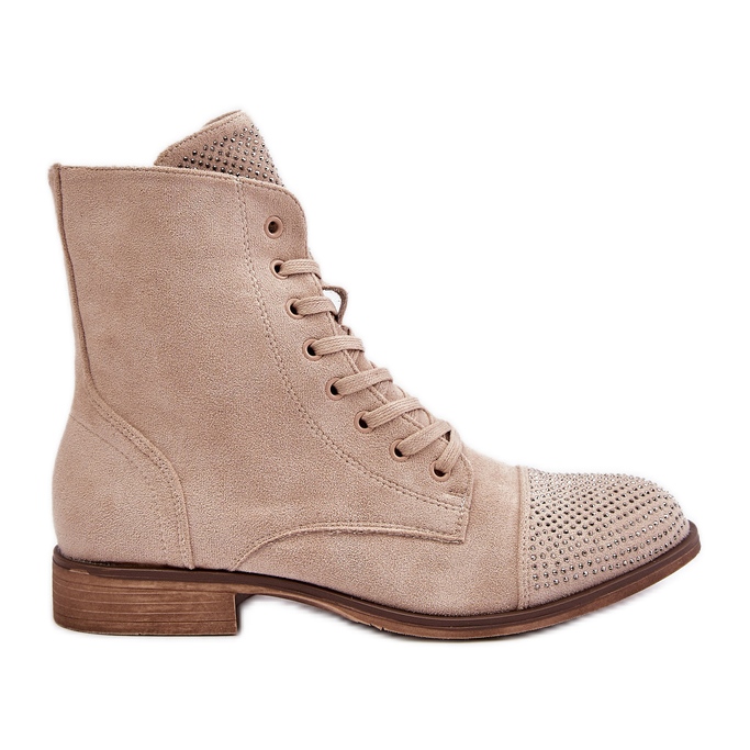 Cizme decorate cu toc plat, piele intoarsa ecologica, calda, bej deschis Ellieo