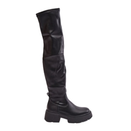 Cizme peste genunchi cu platforma si toc plat din piele ecologica, Loreviana neagra negru Cizme peste genunchi cu platforma si toc plat din piele ecologica, Loreviana neagra negru