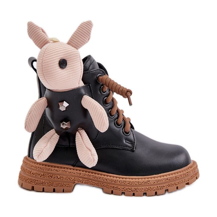 Botine calde din piele pentru copii cu fermoar și ursuleț Vinceza 36261 Negru
