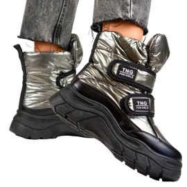 Cizme de zăpadă de damă, metalice, argintii cu velcro 22-PY16062SI negru
