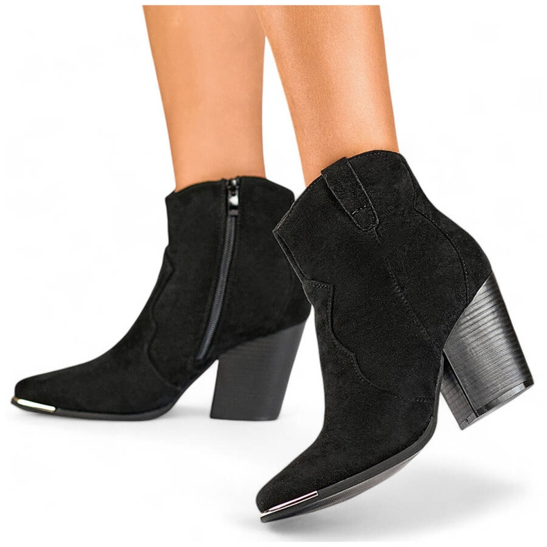 Cizme cowboy de damă din piele intoarsa cu toc inalt, negre A5618B negru