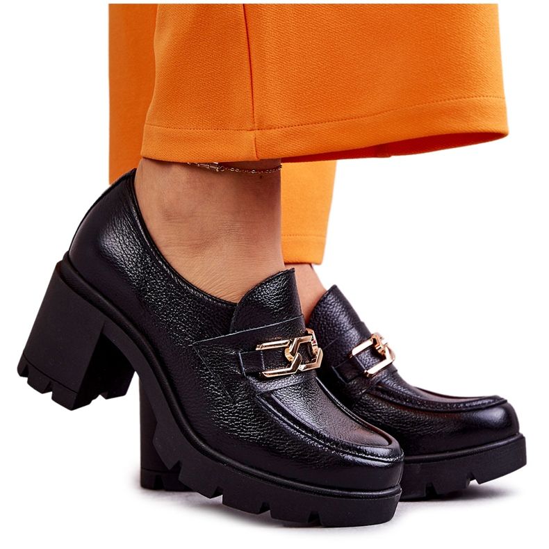 Pantofi Cu Toc Înalt Lemar Piele Neagră Cu Decor Auriu negru