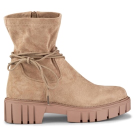 Botine de dama cu partea superioara elastica cu siret, bej DE1127NU