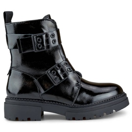 Botine de dama din piele lacuita cu catarame, negre 250007B-LA negru Botine de dama din piele lacuita cu catarame, negre 250007B-LA negru